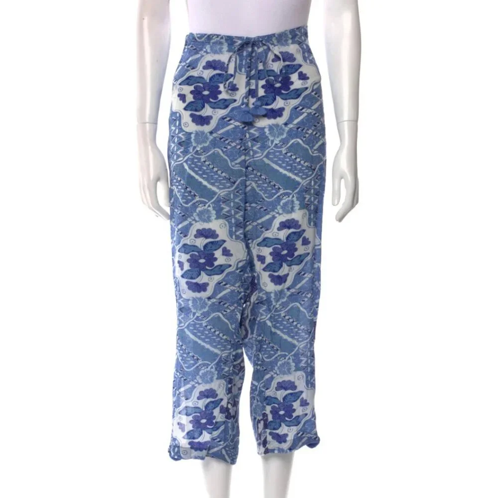 Figue Goa Drawstring Blue Wide Leg Pants Size L‎ Cropped High Rise Pompoms Trim